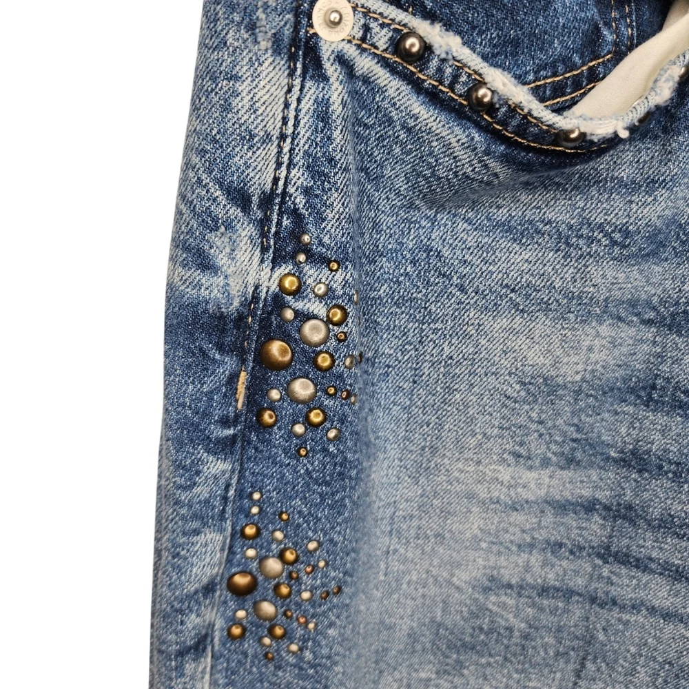 Arizona Jean Co Highest Rise Straight Leg Studded Distressed Jeans Blue Women 12